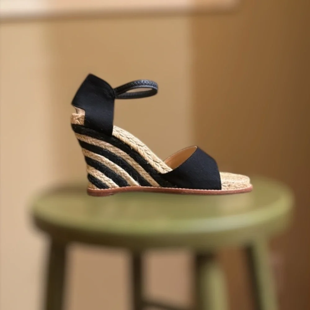 Vintage Kate Spade Grenada Black Canvas Espadrille  Tan Black Wedge Ankle Strap